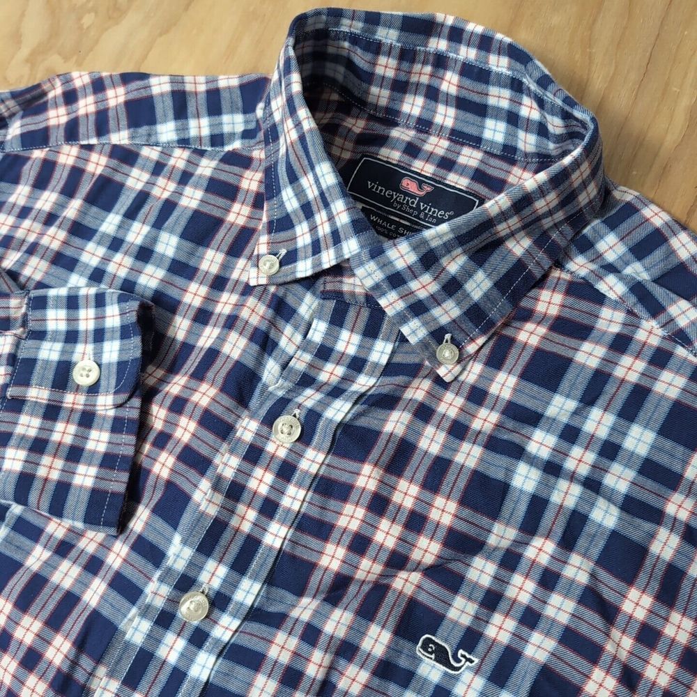 VINEYARD VINES Men's Royal Blue Red White Plaid Button Down Whale Shirt Sz Sm